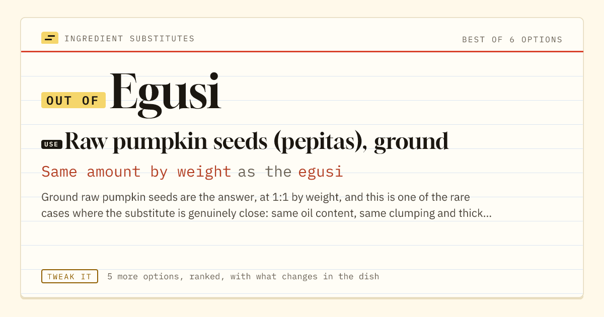 Egusi substitute: use raw pumpkin seeds (pepitas), ground. Same amount by weight as the egusi.