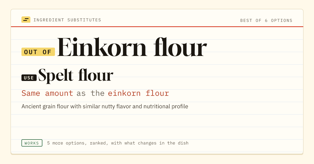 Einkorn flour substitute: use spelt flour. Same amount as the einkorn flour.