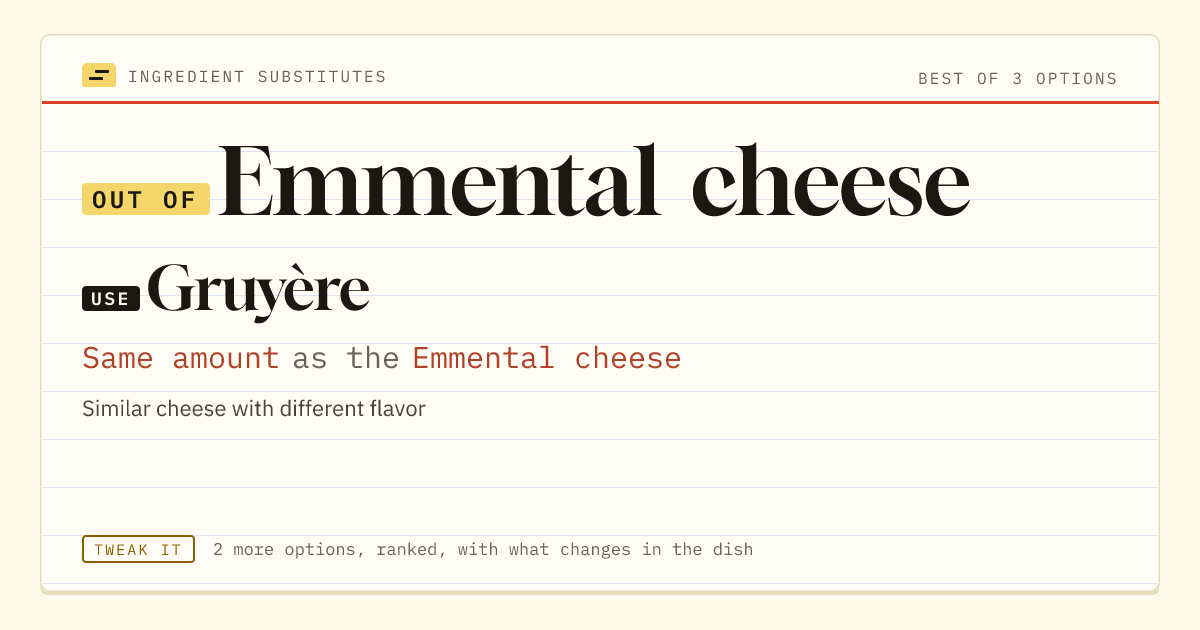 Emmental cheese substitute: use Gruyère. Same amount as the Emmental cheese.
