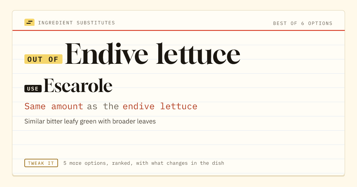 Endive lettuce substitute: use escarole. Same amount as the endive lettuce.