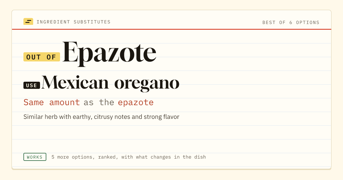 Epazote substitute: use Mexican oregano. Same amount as the epazote.