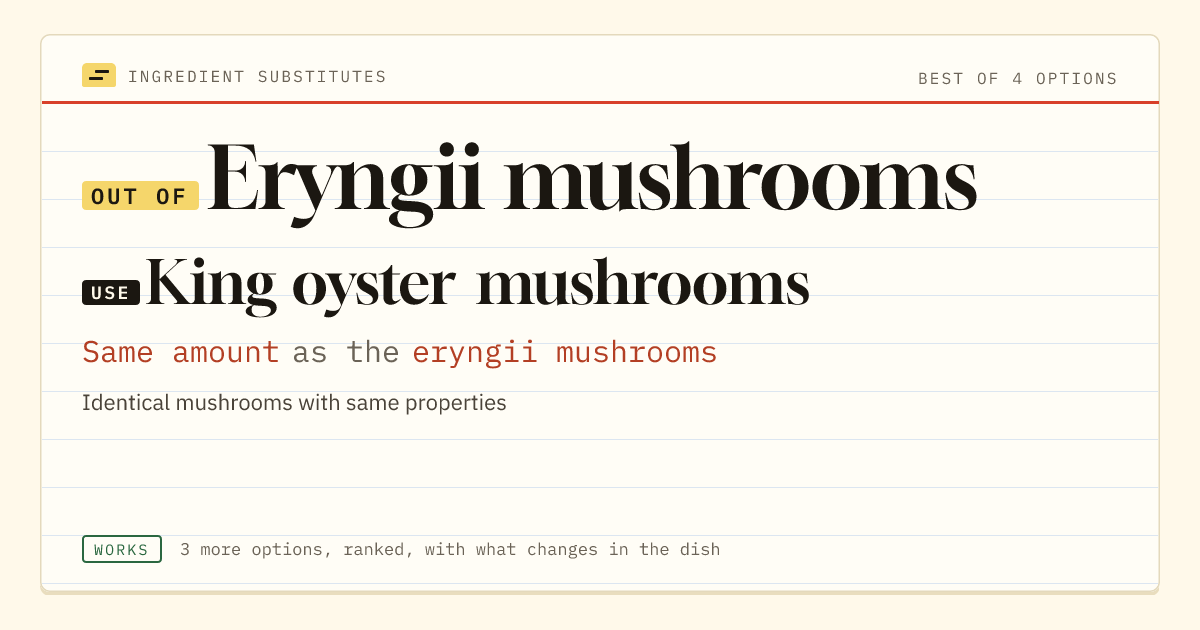 Eryngii mushrooms substitute: use king oyster mushrooms. Same amount as the eryngii mushrooms.
