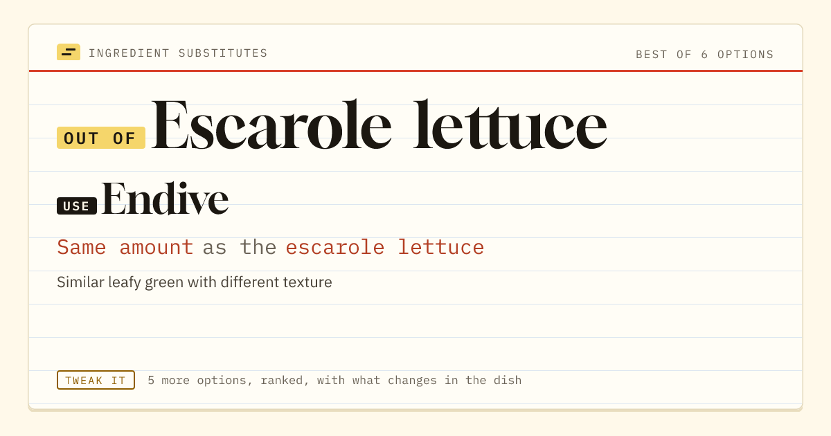Escarole lettuce substitute: use endive. Same amount as the escarole lettuce.