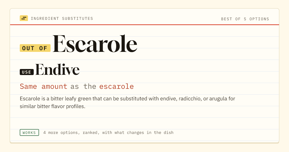 Escarole substitute: use endive. Same amount as the escarole.