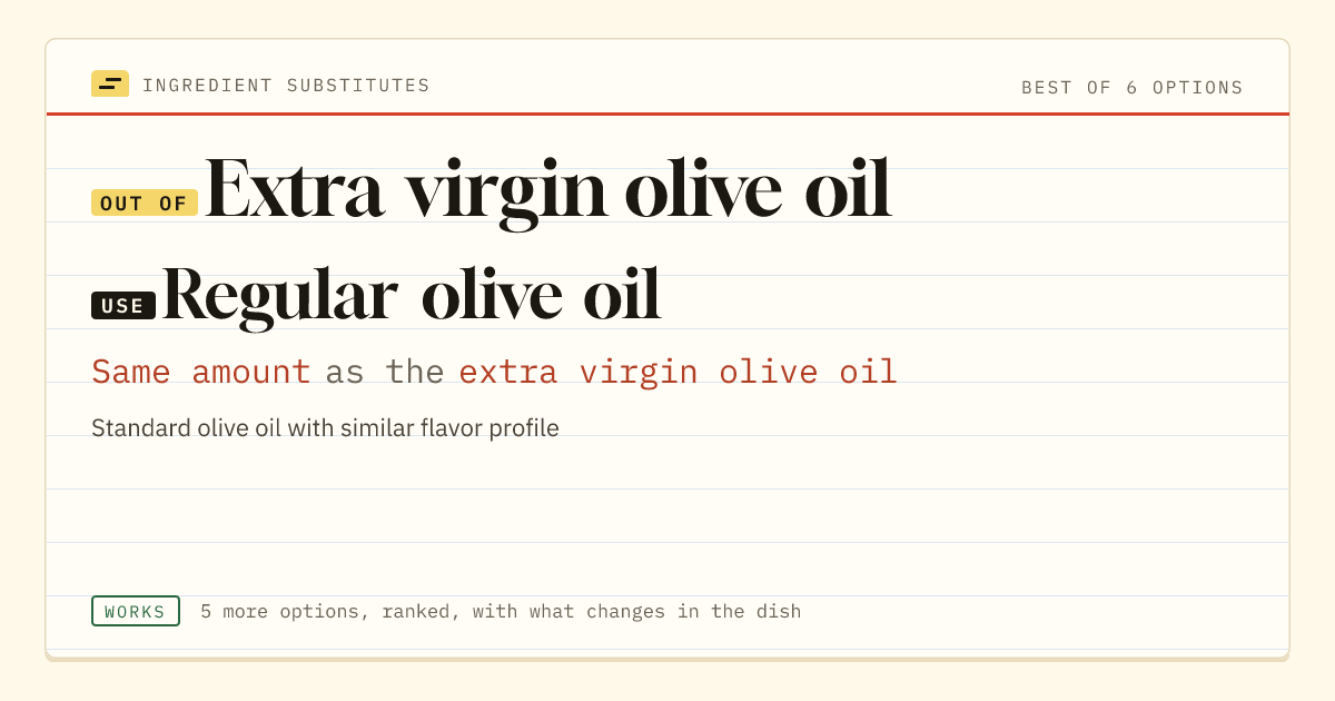 Extra virgin olive oil substitute: use regular olive oil. Same amount as the extra virgin olive oil.