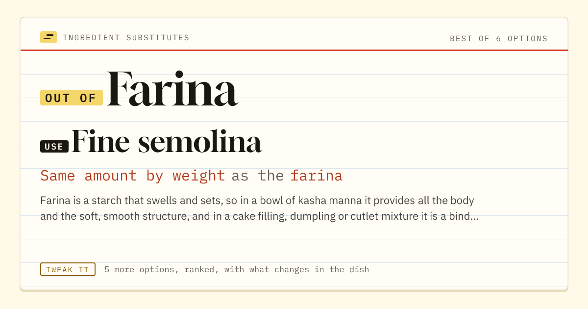 Farina substitute: use fine semolina. Same amount by weight as the farina.