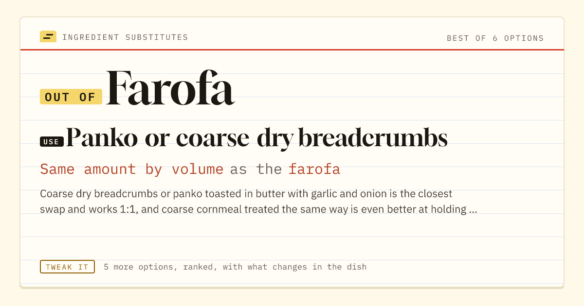 Farofa substitute: use panko or coarse dry breadcrumbs. Same amount by volume as the farofa.