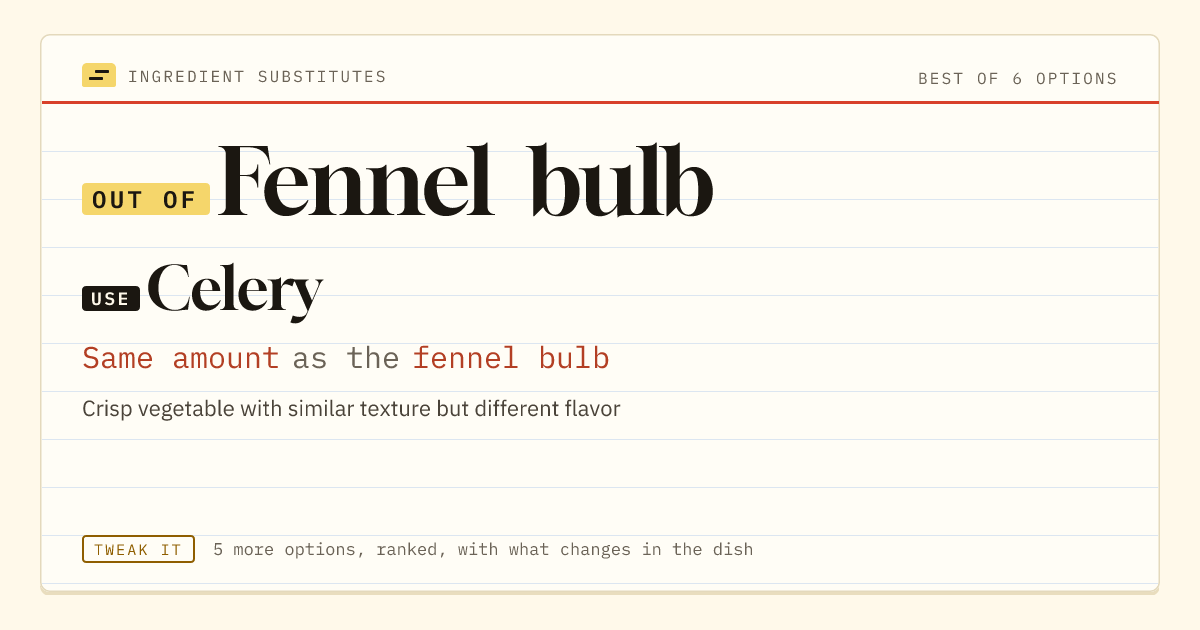 Fennel bulb substitute: use celery. Same amount as the fennel bulb.