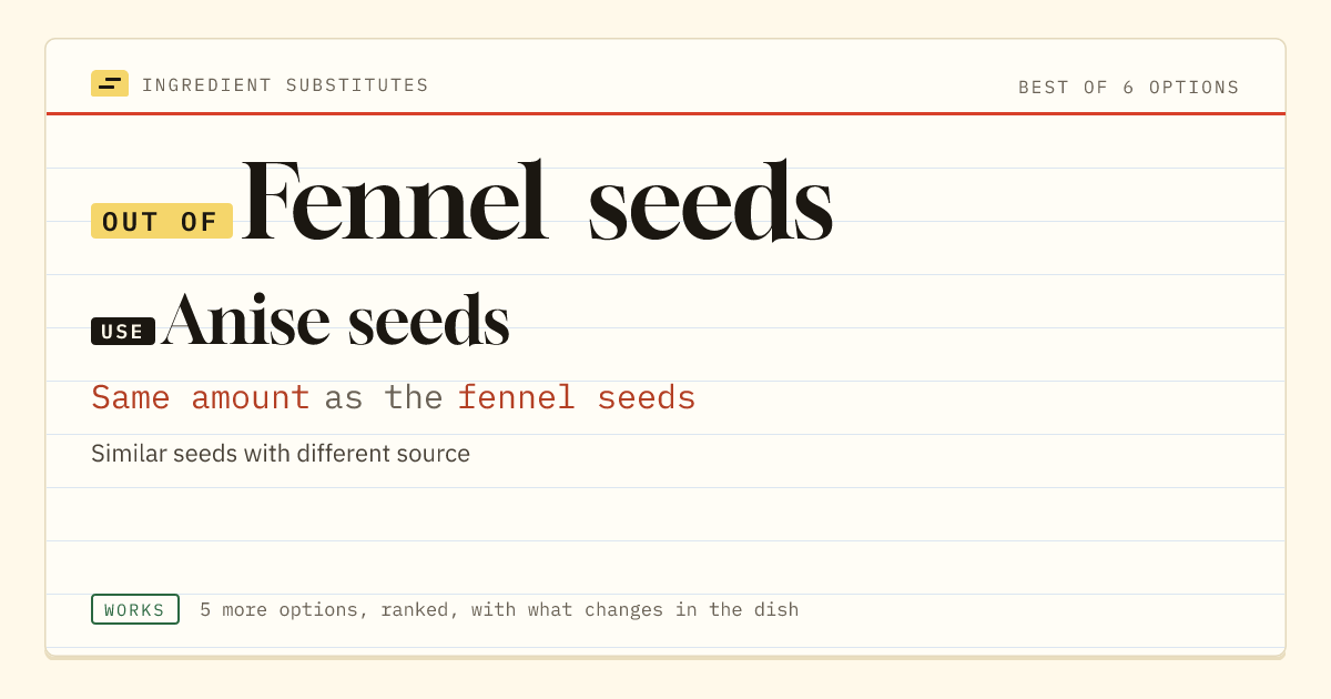 Fennel seeds substitute: use anise seeds. Same amount as the fennel seeds.