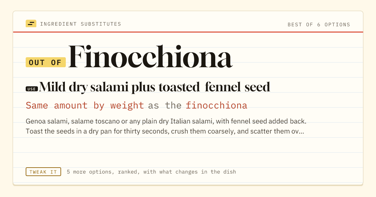 Finocchiona substitute: use mild dry salami plus toasted fennel seed. Same amount by weight as the finocchiona.