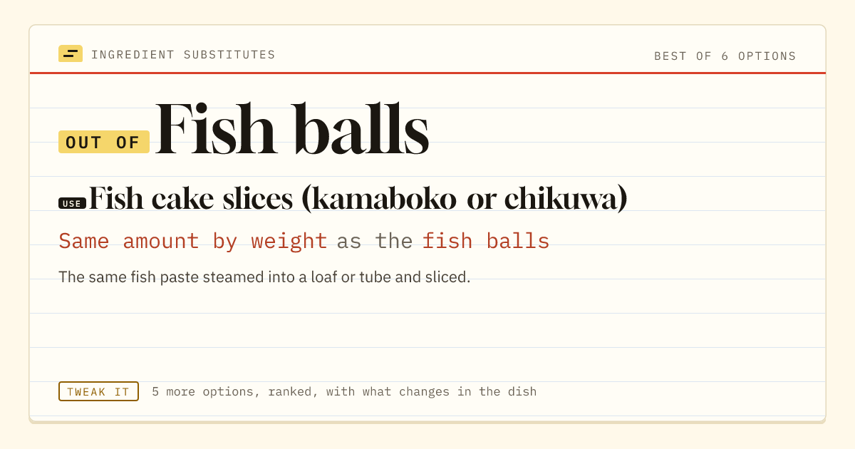 Fish balls substitute: use fish cake slices (kamaboko or chikuwa). Same amount by weight as the fish balls.