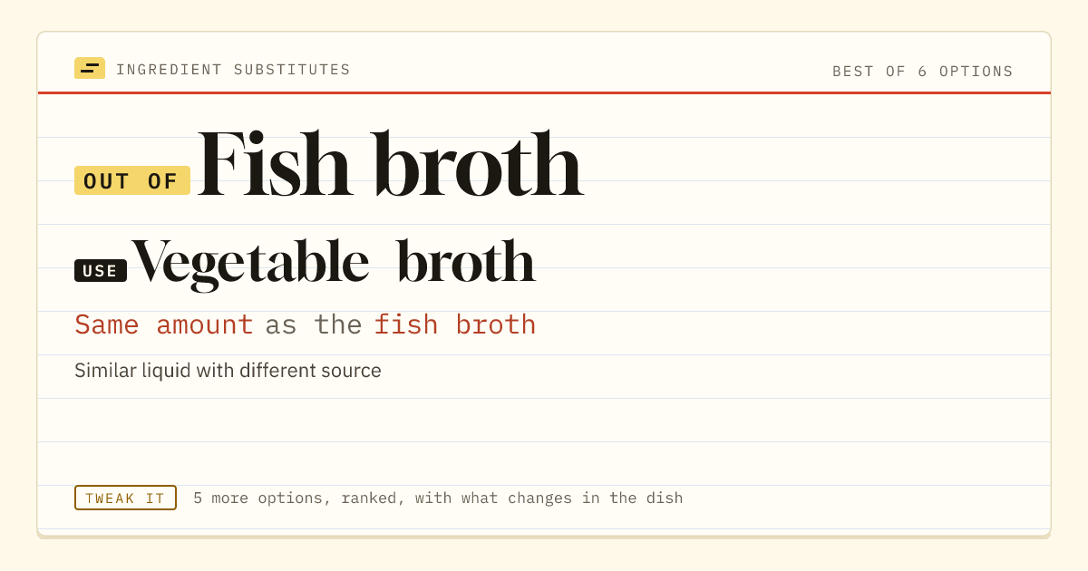 Fish broth substitute: use vegetable broth. Same amount as the fish broth.