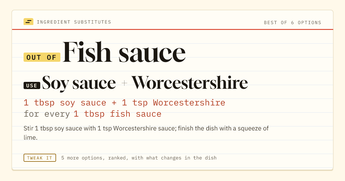 Fish sauce substitute: use soy sauce + Worcestershire. 1 tbsp soy sauce + 1 tsp Worcestershire for every 1 tbsp fish sauce.
