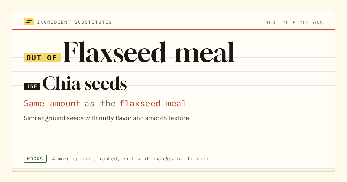 Flaxseed meal substitute: use chia seeds. Same amount as the flaxseed meal.