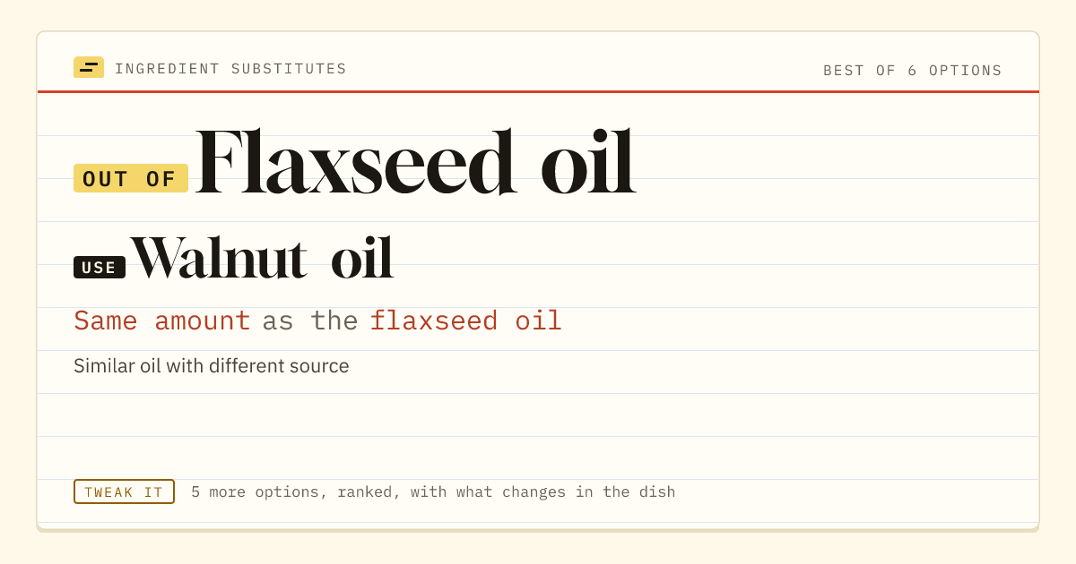 Flaxseed oil substitute: use walnut oil. Same amount as the flaxseed oil.