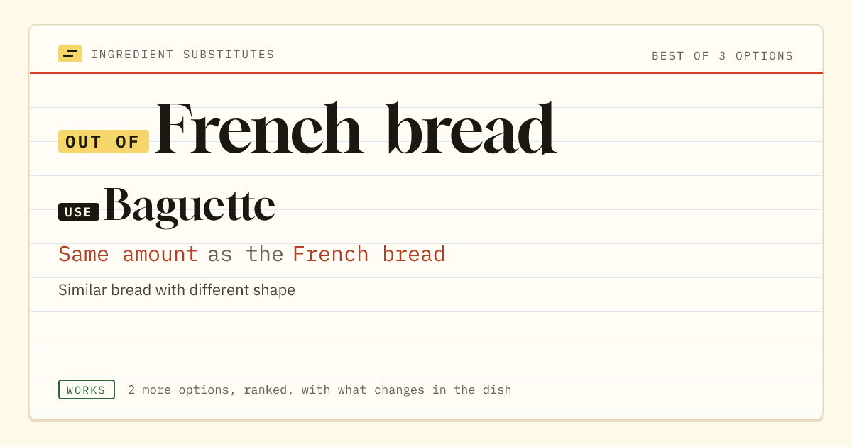 French bread substitute: use baguette. Same amount as the French bread.