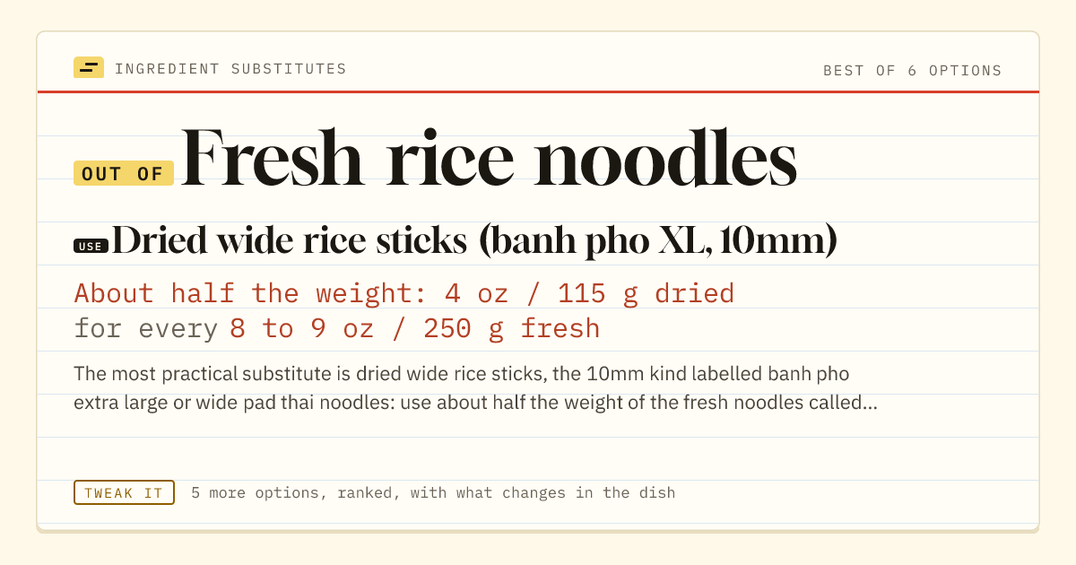Fresh rice noodles substitute: use dried wide rice sticks (banh pho XL, 10mm). About half the weight: 4 oz / 115 g dried for every 8 to 9 oz / 250 g fresh.