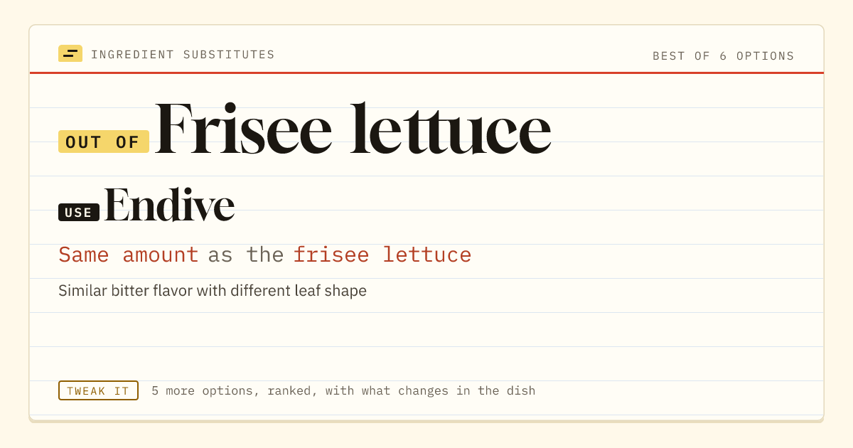 Frisee lettuce substitute: use endive. Same amount as the frisee lettuce.