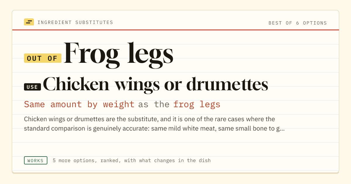 Frog legs substitute: use chicken wings or drumettes. Same amount by weight as the frog legs.