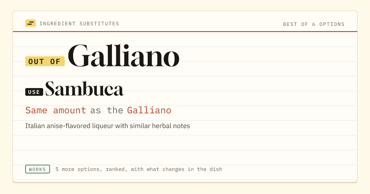 Galliano substitute: use sambuca. Same amount as the Galliano.