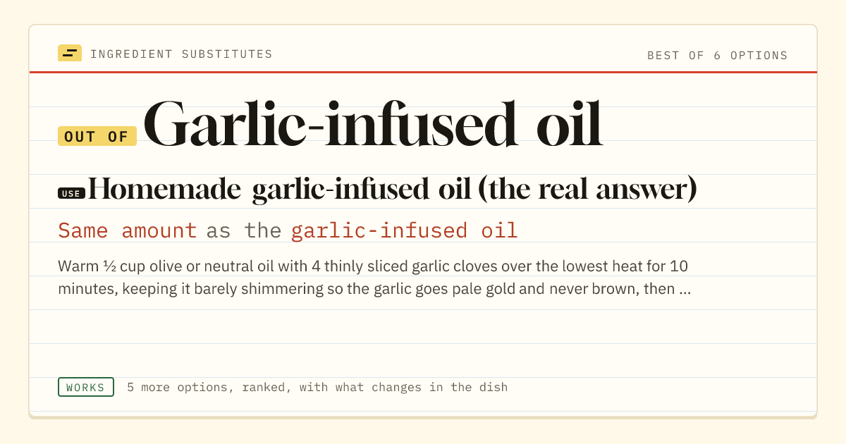 Garlic-infused oil substitute: use homemade garlic-infused oil (the real answer). Same amount as the garlic-infused oil.