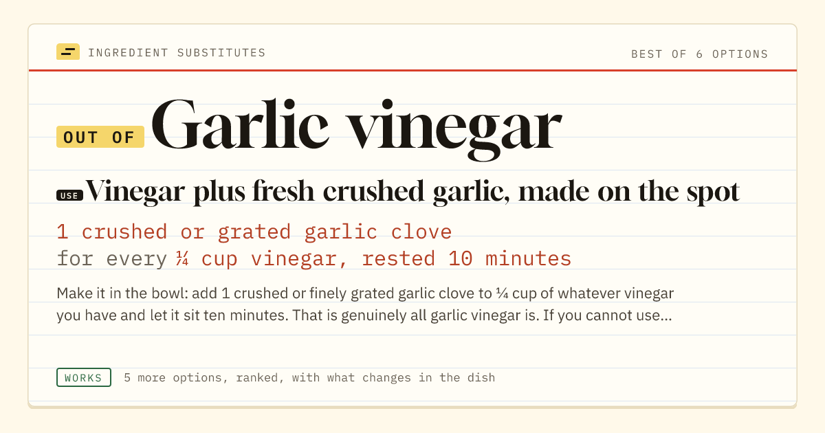 Garlic vinegar substitute: use vinegar plus fresh crushed garlic, made on the spot. 1 crushed or grated garlic clove for every ¼ cup vinegar, rested 10 minutes.