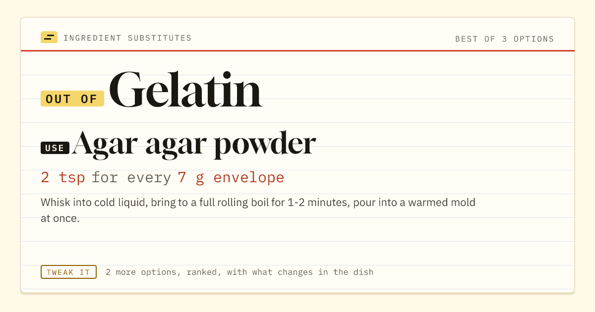 Gelatin substitute: use agar agar powder. 2 tsp for every 7 g envelope.
