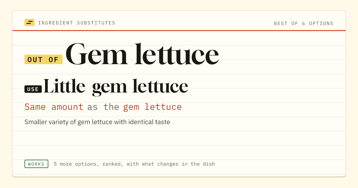 Gem lettuce substitute: use little gem lettuce. Same amount as the gem lettuce.