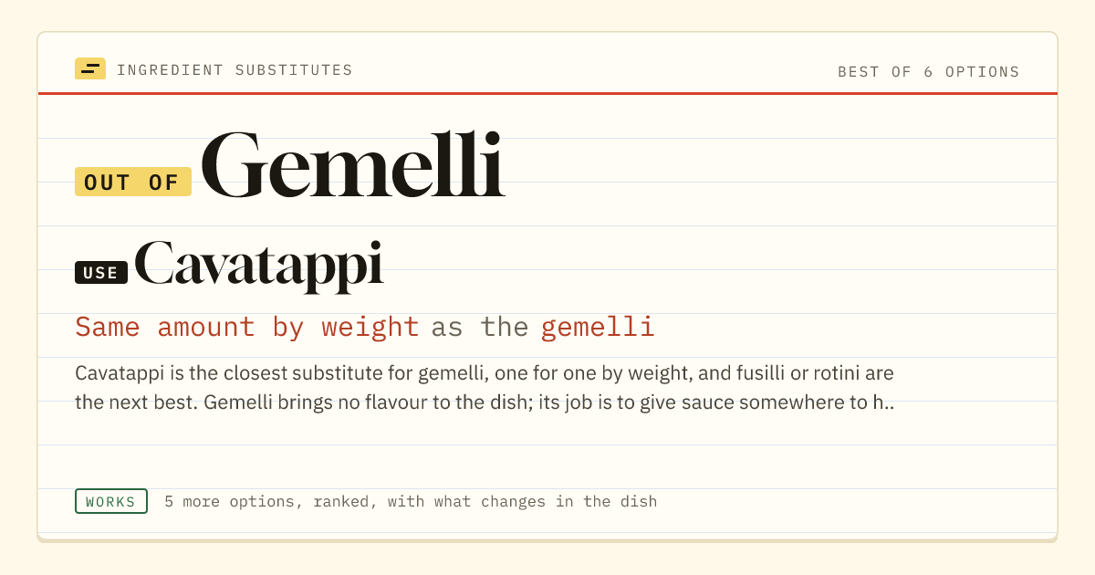 Gemelli substitute: use cavatappi. Same amount by weight as the gemelli.