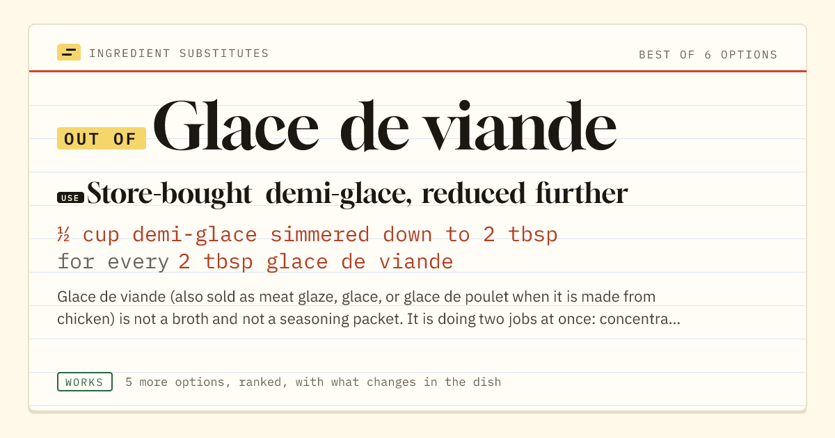 Glace de viande substitute: use store-bought demi-glace, reduced further. ½ cup demi-glace simmered down to 2 tbsp for every 2 tbsp glace de viande.