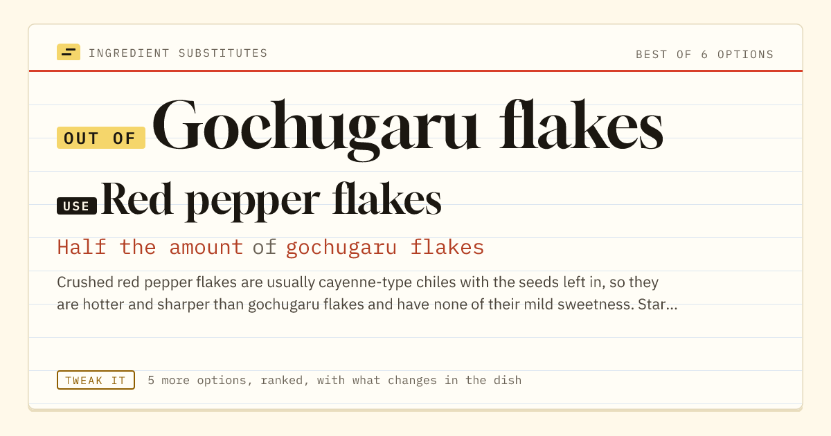 Gochugaru flakes substitute: use red pepper flakes. Half the amount of gochugaru flakes.