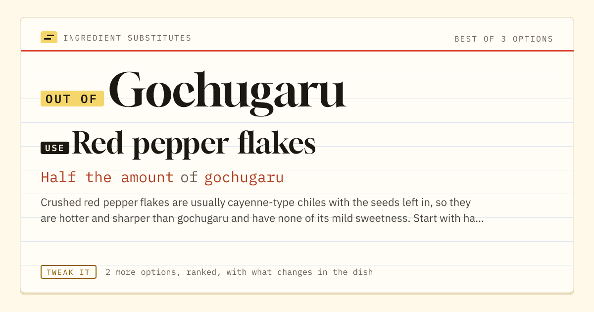 Gochugaru substitute: use red pepper flakes. Half the amount of gochugaru.
