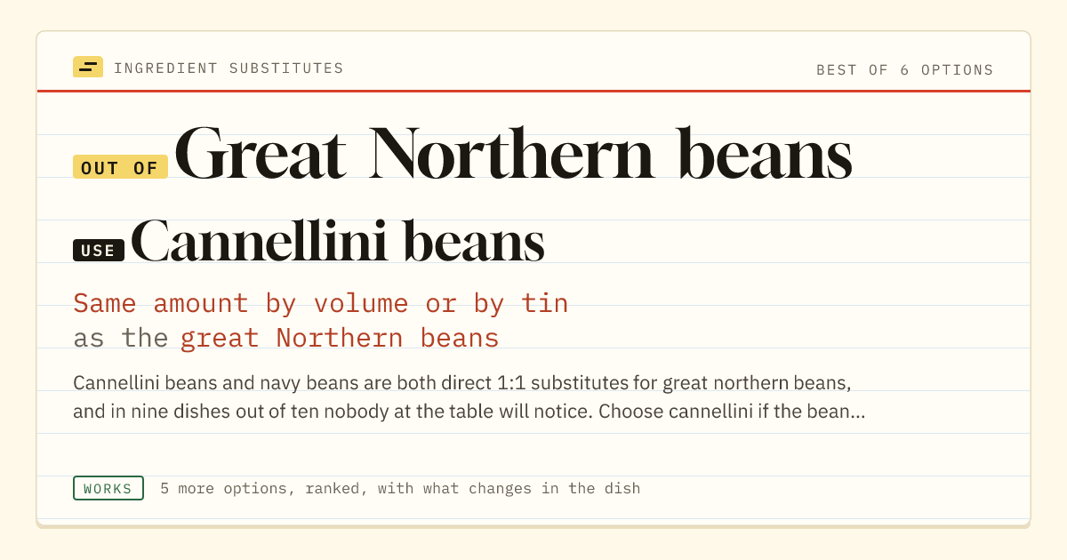 Great Northern beans substitute: use cannellini beans. Same amount by volume or by tin as the great Northern beans.