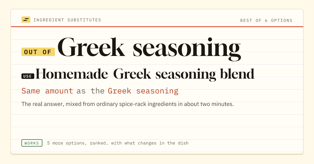 Greek seasoning substitute: use homemade Greek seasoning blend. Same amount as the Greek seasoning.
