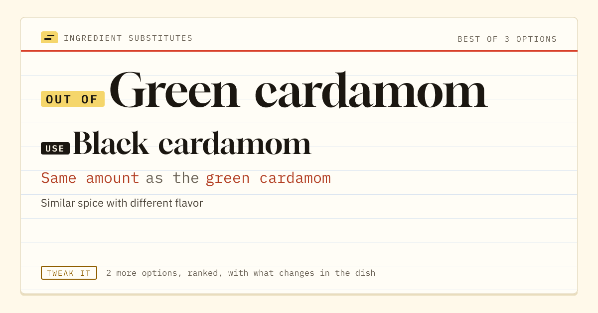 Green cardamom substitute: use black cardamom. Same amount as the green cardamom.