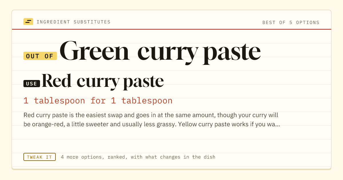 Green curry paste substitute: use red curry paste. 1 tablespoon for 1 tablespoon.