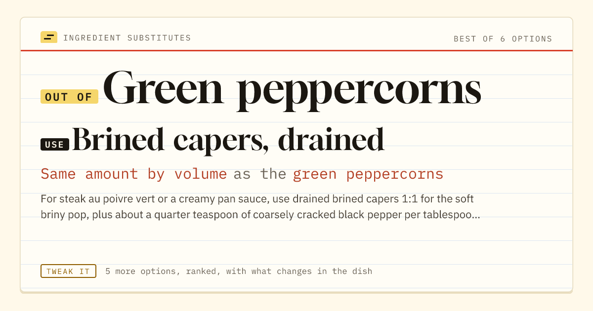 Green peppercorns substitute: use brined capers, drained. Same amount by volume as the green peppercorns.