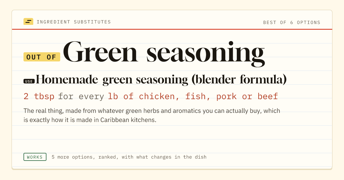 Green seasoning substitute: use homemade green seasoning (blender formula). 2 tbsp for every lb of chicken, fish, pork or beef.