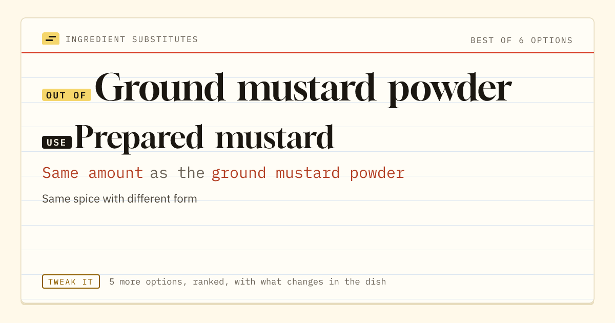 Ground mustard powder substitute: use prepared mustard. Same amount as the ground mustard powder.