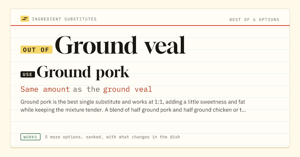 Ground veal substitute: use ground pork. Same amount as the ground veal.