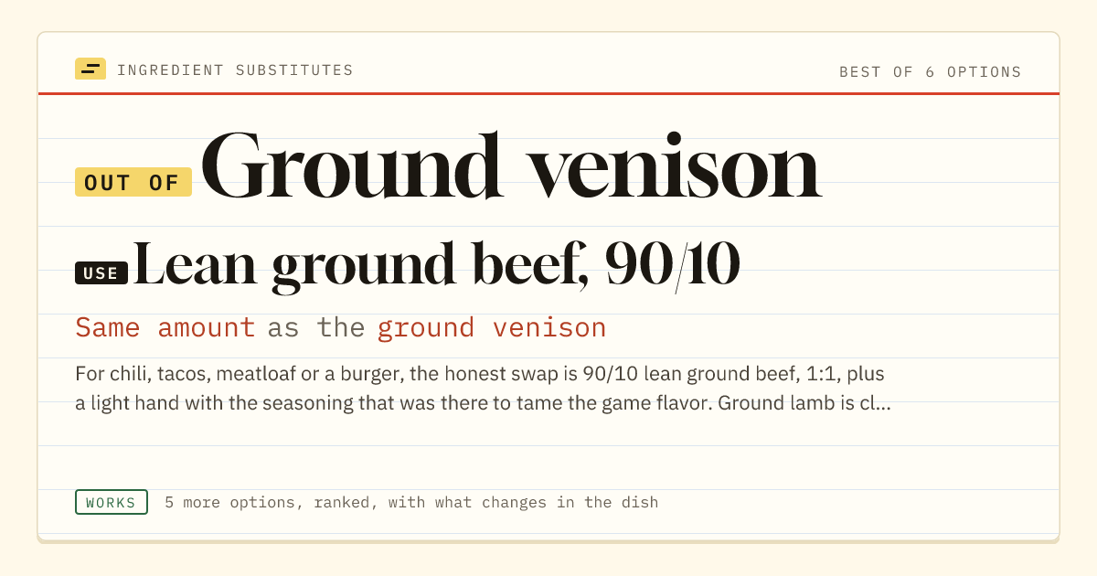 Ground venison substitute: use lean ground beef, 90/10. Same amount as the ground venison.