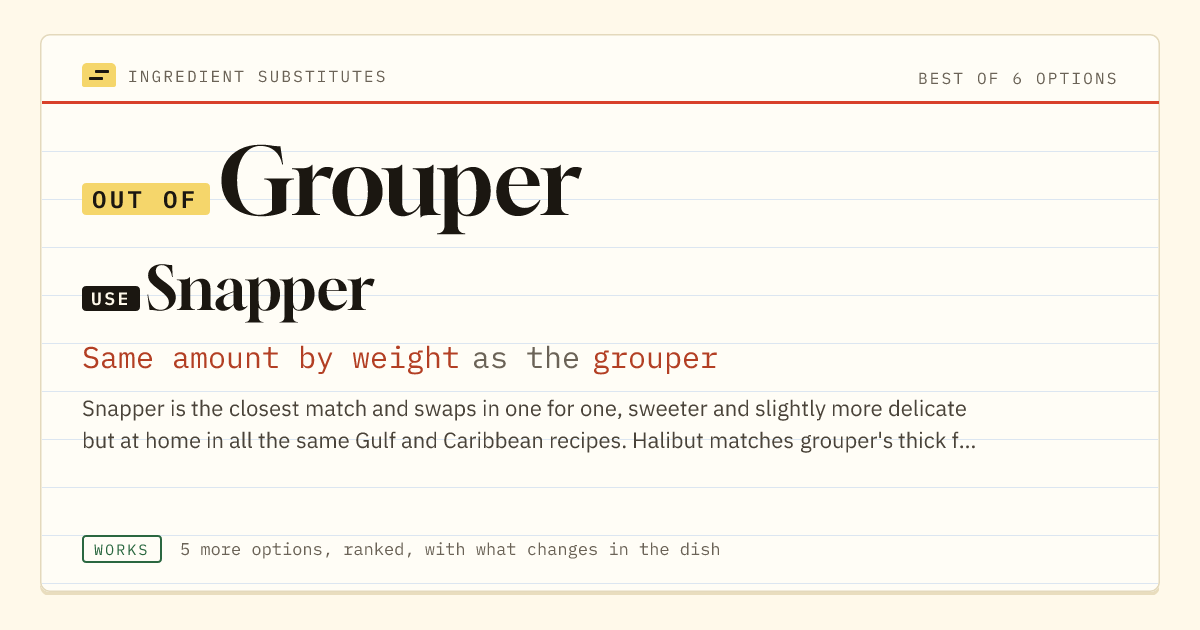 Grouper substitute: use snapper. Same amount by weight as the grouper.