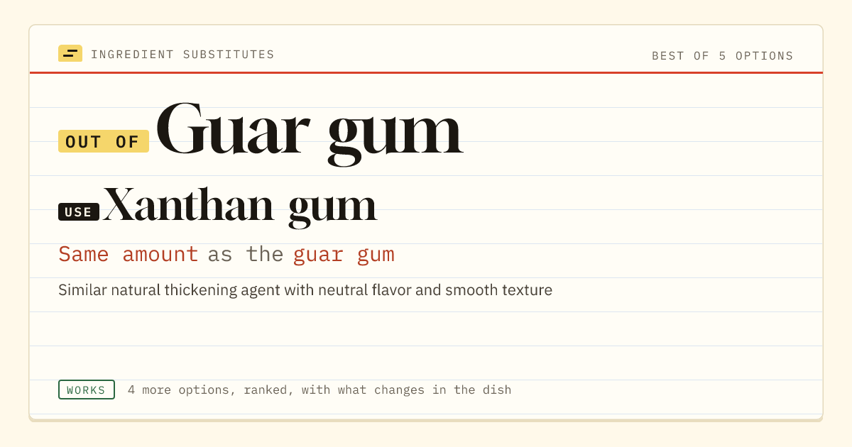 Guar gum substitute: use xanthan gum. Same amount as the guar gum.