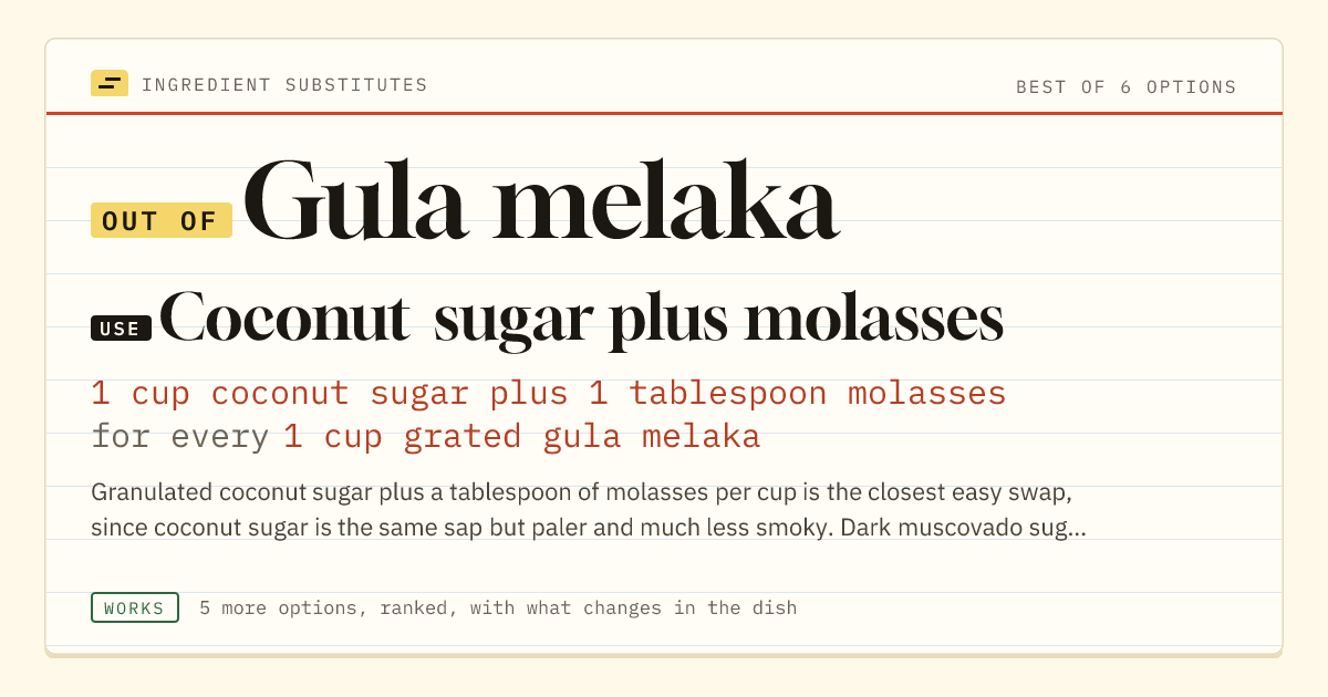 Gula melaka substitute: use coconut sugar plus molasses. 1 cup coconut sugar plus 1 tablespoon molasses for every 1 cup grated gula melaka.