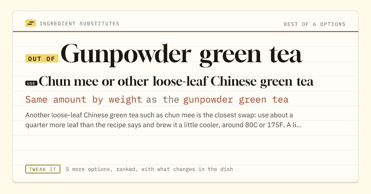 Gunpowder green tea substitute: use chun mee or other loose-leaf Chinese green tea. Same amount by weight as the gunpowder green tea.