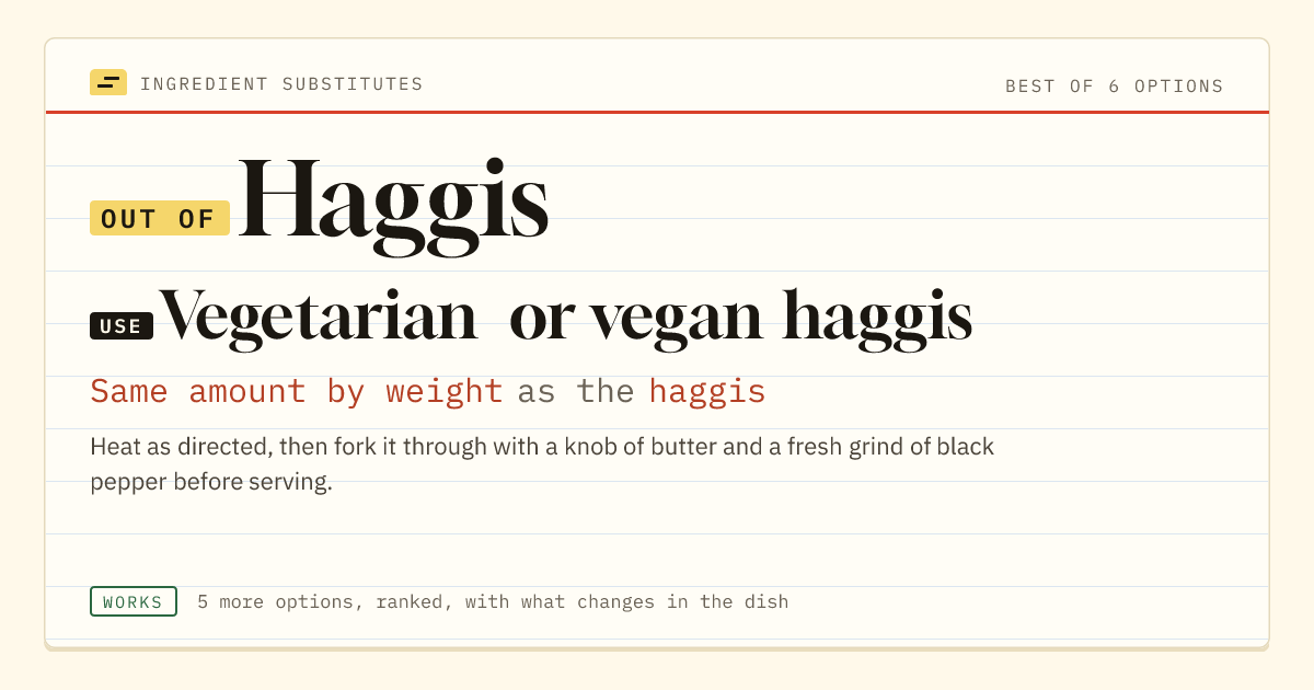 Haggis substitute: use vegetarian or vegan haggis. Same amount by weight as the haggis.
