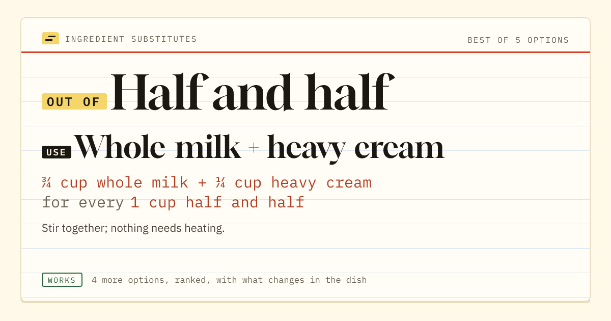 Half and half substitute: use whole milk + heavy cream. ¾ cup whole milk + ¼ cup heavy cream for every 1 cup half and half.