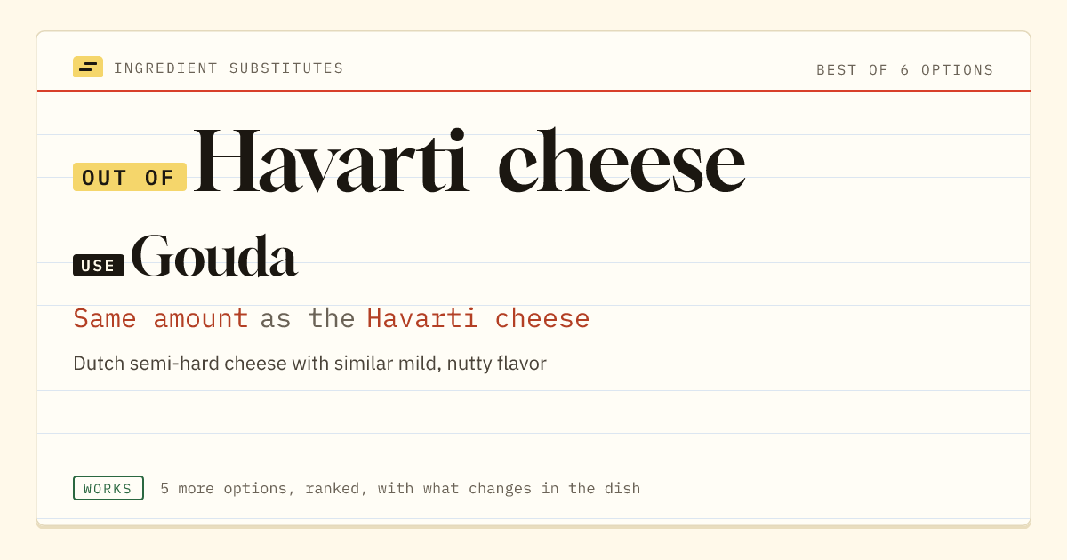 Havarti cheese substitute: use Gouda. Same amount as the Havarti cheese.