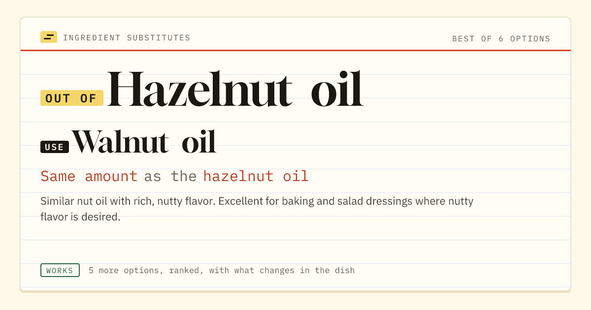 Hazelnut oil substitute: use walnut oil. Same amount as the hazelnut oil.