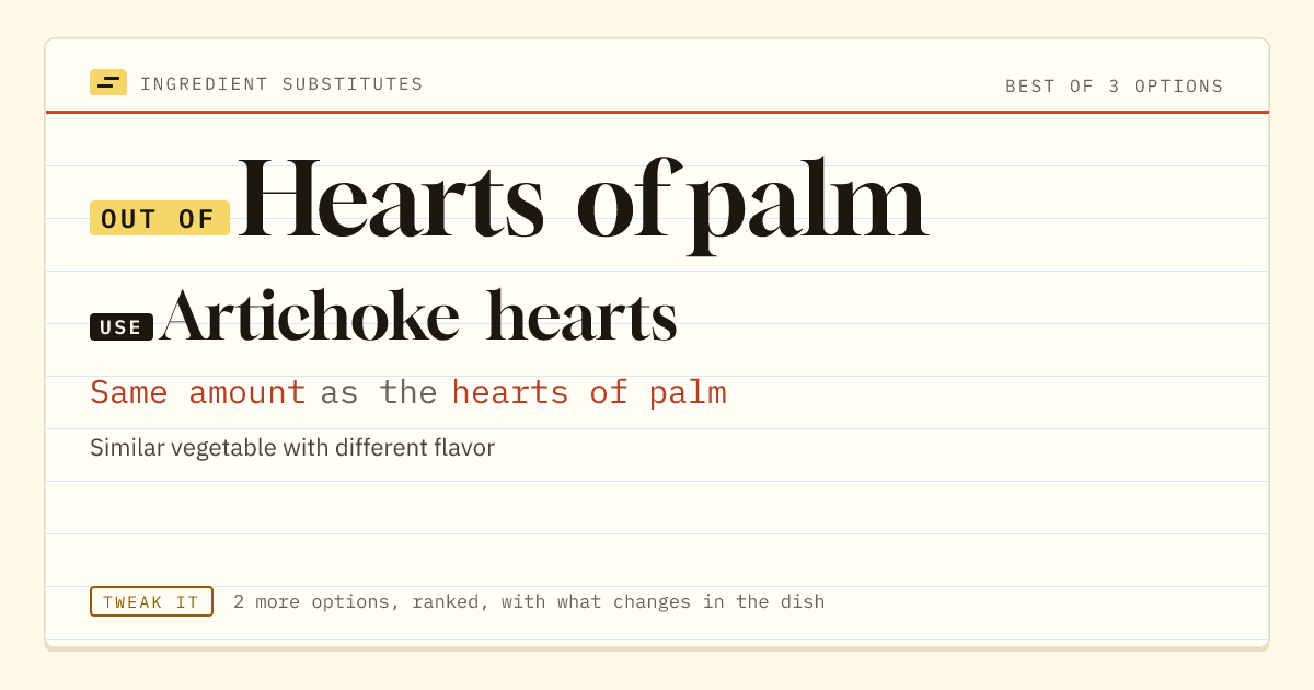 Hearts of palm substitute: use artichoke hearts. Same amount as the hearts of palm.